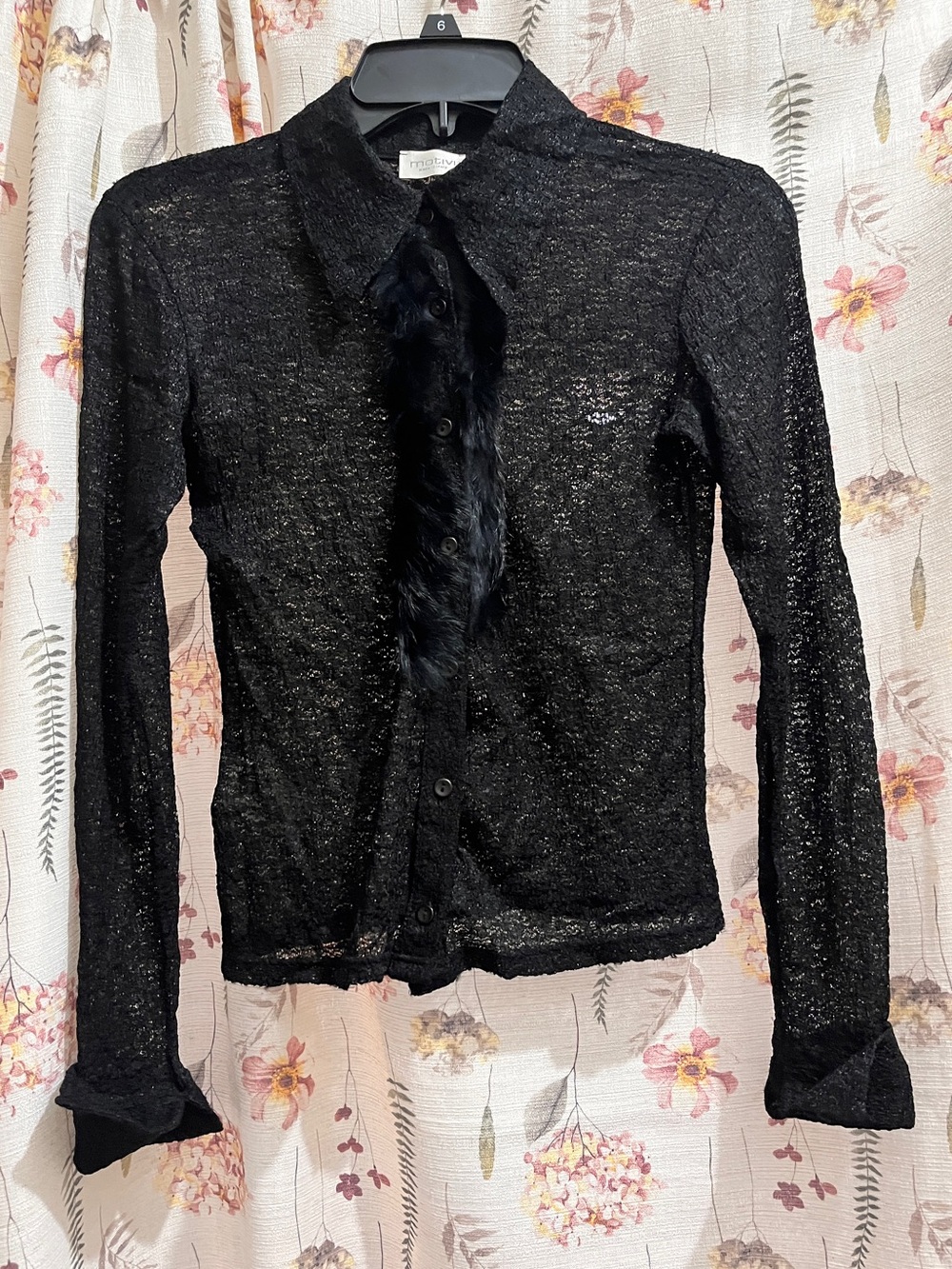 Motivi Black Sheer Button-Down Shirt with Fur-Trim Placket